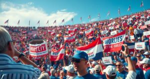 A political rally scene with banners and a sea of red, white, and blue colours, capturing the essence of patriotism and loyalty.