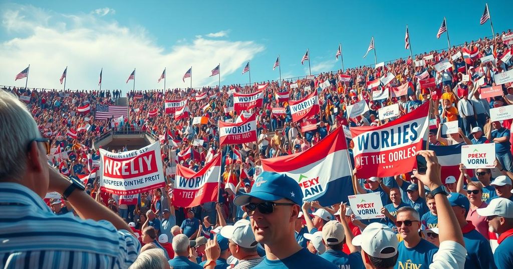 A political rally scene with banners and a sea of red, white, and blue colours, capturing the essence of patriotism and loyalty.
