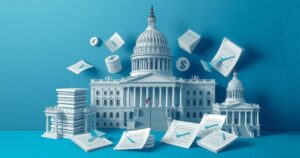 A political illustration depicting the U.S. Capitol building with budget documents and voting symbols, in a blue and silver colour scheme.
