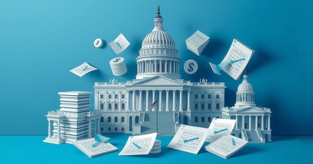 A political illustration depicting the U.S. Capitol building with budget documents and voting symbols, in a blue and silver colour scheme.