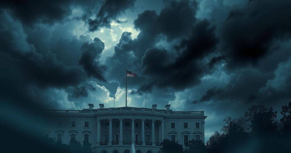 Due nuvole scure si avvicinano sopra una silhouette di un palazzo presidenziale con un cielo tempestoso, riflettendo tensione.