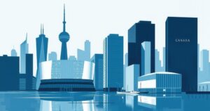 Un simbolo della trasformazione politica canadese con un paesaggio urbano in tonalità blu e grigia.
