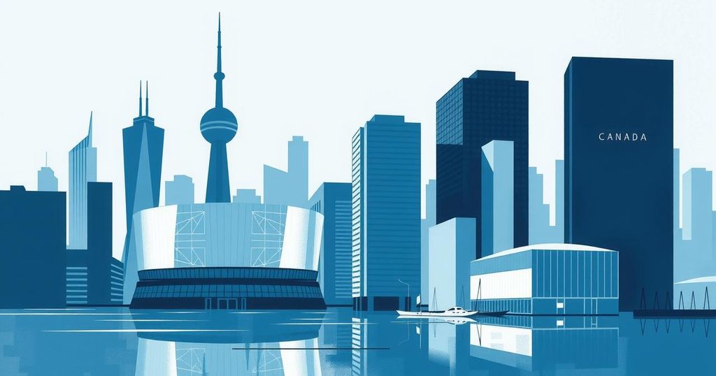 Un simbolo della trasformazione politica canadese con un paesaggio urbano in tonalità blu e grigia.