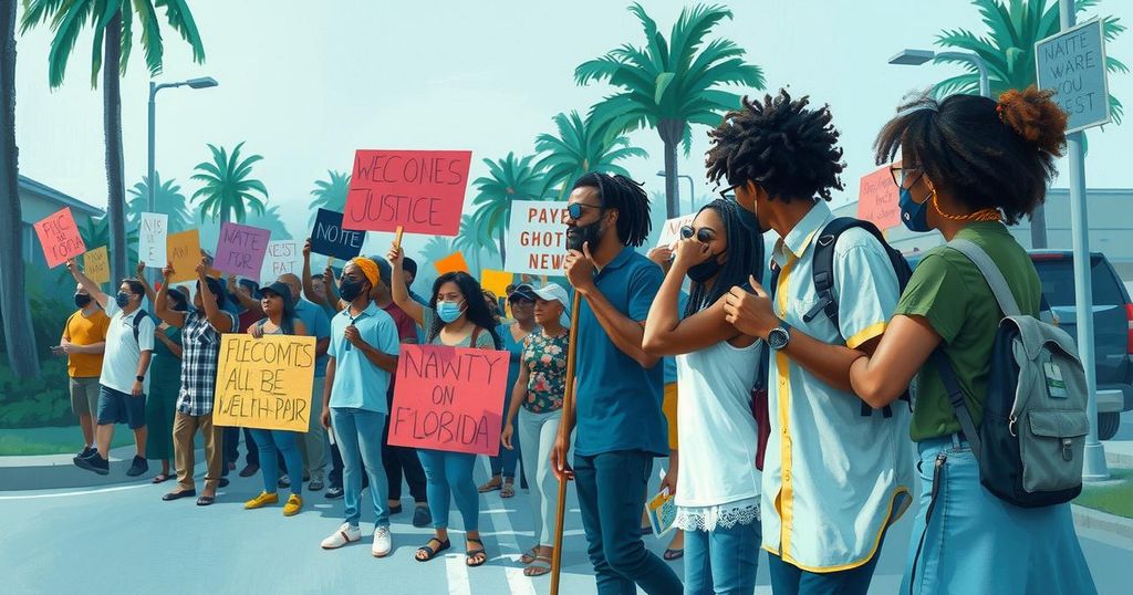 Manifestazioni di protesta pacifica in Florida per diritti civili, simboli di unità e giustizia sociale.