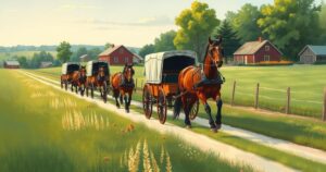 Cavalli e carrozze Amish viaggiando verso le elezioni in un paesaggio rurale, rappresentazione della vita semplice.