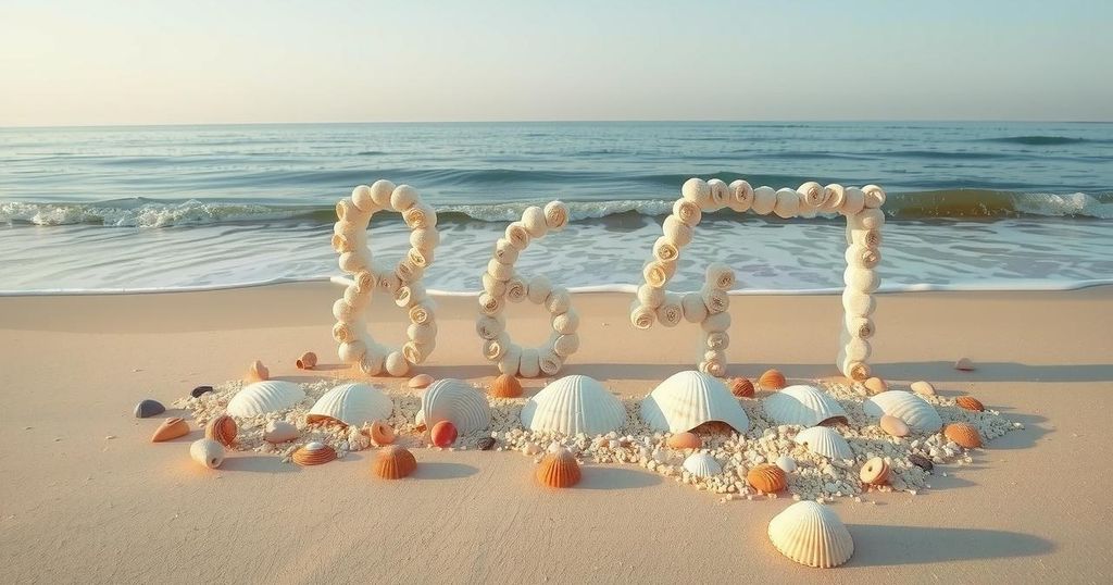 Formazione di conchiglie sulla spiaggia con i numeri 8647 in un contesto naturale tranquillo e riflessivo.