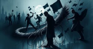 A dark, abstract depiction of political turmoil with shadowy figures and chaotic lines representing conspiracy theories.