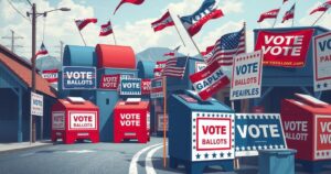 Illustration of a political landscape symbolizing third-party movements, featuring ballot boxes and campaign materials.