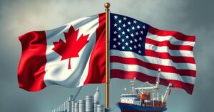 Due bandiera canadese e statunitense in contrasto con simboli di commercio e economia, riflettendo tensioni trade.