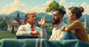 Una composizione grafica che rappresenta due diversi stili di vita e opinioni politiche, colori vibranti e armoniosi.
