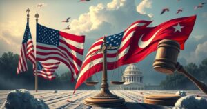Paesaggio politico americano che rappresenta divisione, opinione contraria e discussione su cambiamenti governativi.