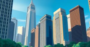 Un paesaggio urbano di New York con grattacieli e un cielo blu, simbolo della campagna politica che si riaccende.