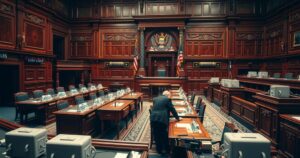 Senate vote process with legislative documents, desks, and voting equipment in a political setting.