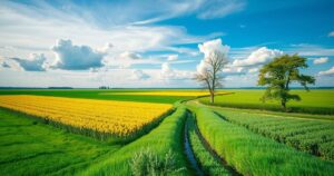 Un paesaggio sereno in Ucraina con cieli azzurri e spazi verdi, simbolo di resilienza e speranza nel conflitto.
