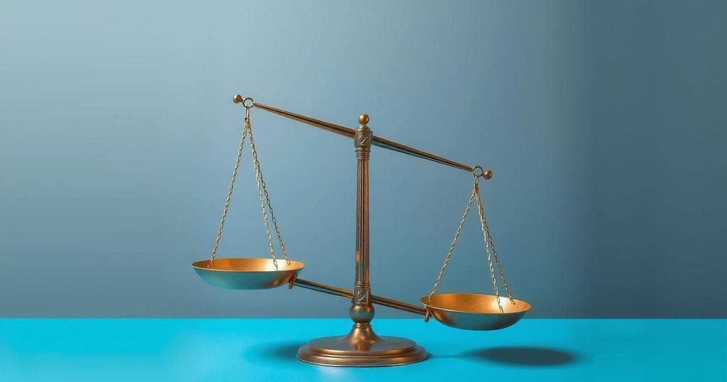 Una bilancia che pende verso una direzione, simboleggiando decisioni in conflitto, su uno sfondo blu e grigio.