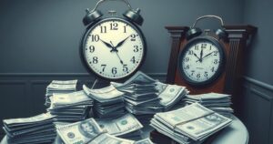Dramatic political scene with a tense atmosphere, featuring a large clock, stacks of documents, and currency symbols.