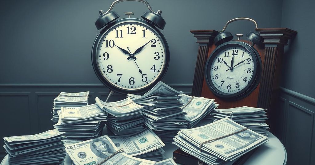 Dramatic political scene with a tense atmosphere, featuring a large clock, stacks of documents, and currency symbols.