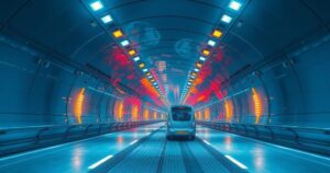 Un tunnel futuristico che rappresenta il progetto 'Dubai Loop', con luci blu e gialle e un design moderno.