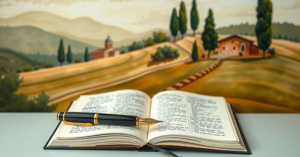 Un elegante quaderno aperto, penna e un ritratto astratto di un paesaggio rinascimentale.