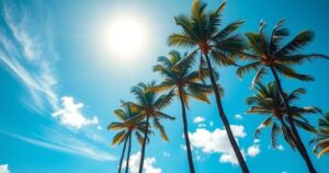 Un paesaggio di Florida con palme, cielo blu e un sole splendente, simbolo delle politiche locali in movimento.