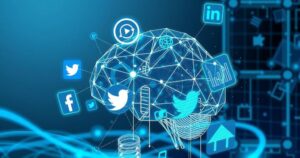 Una rappresentazione dell'intelligenza artificiale con simboli tecnologici e social media, in uno stile High-Tech blu e grigio.