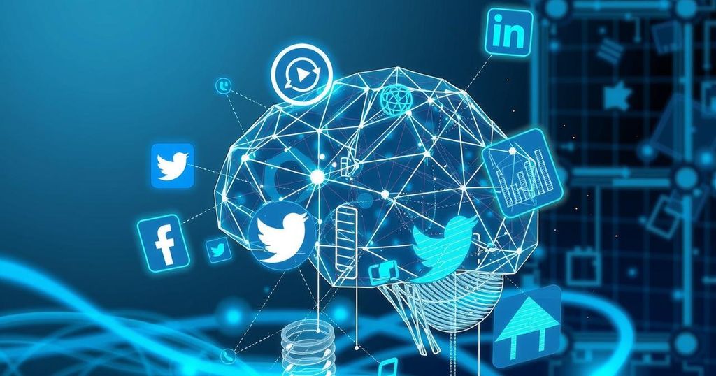 Una rappresentazione dell'intelligenza artificiale con simboli tecnologici e social media, in uno stile High-Tech blu e grigio.