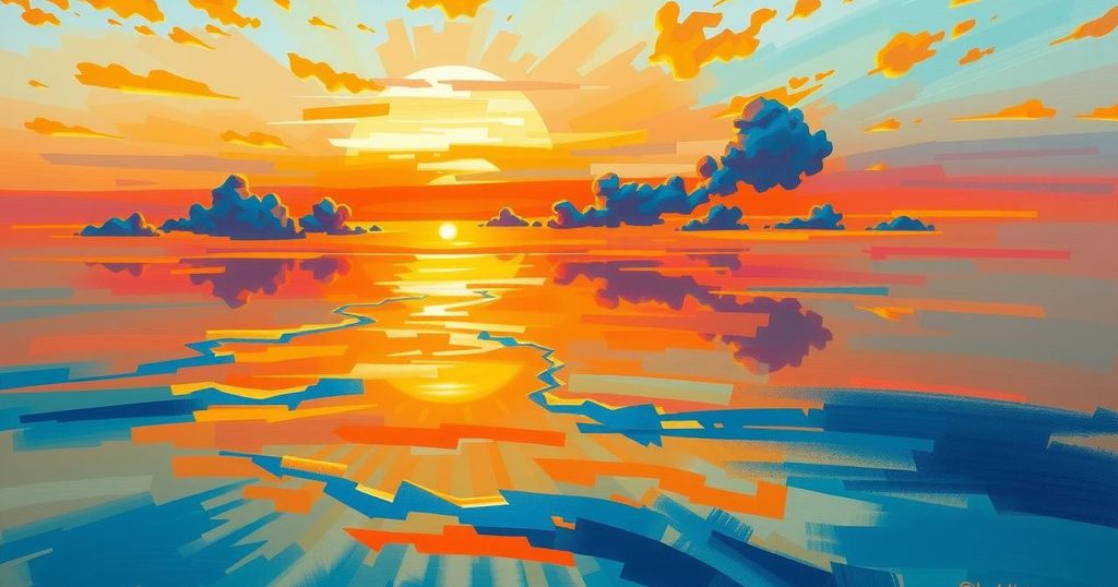 Un paesaggio sereno con un tramonto arancione e blu, rappresenta la riflessione del tempo e del cambiamento.