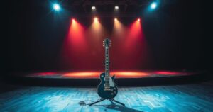 Un concerto cancellato, un palco vuoto illuminato da luci soffuse e una chitarra elettrica appoggiata su un supporto.