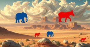 Visual representation of Utah's political landscape, featuring varied party symbols and a vast desert backdrop.
