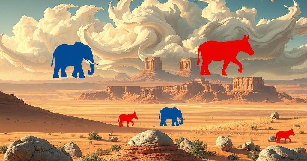Visual representation of Utah's political landscape, featuring varied party symbols and a vast desert backdrop.