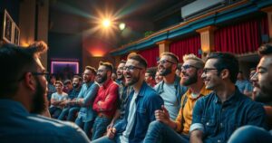 Gruppo di giovani uomini in un teatro con abbigliamento casual, ascoltano uno spettacolo comico.