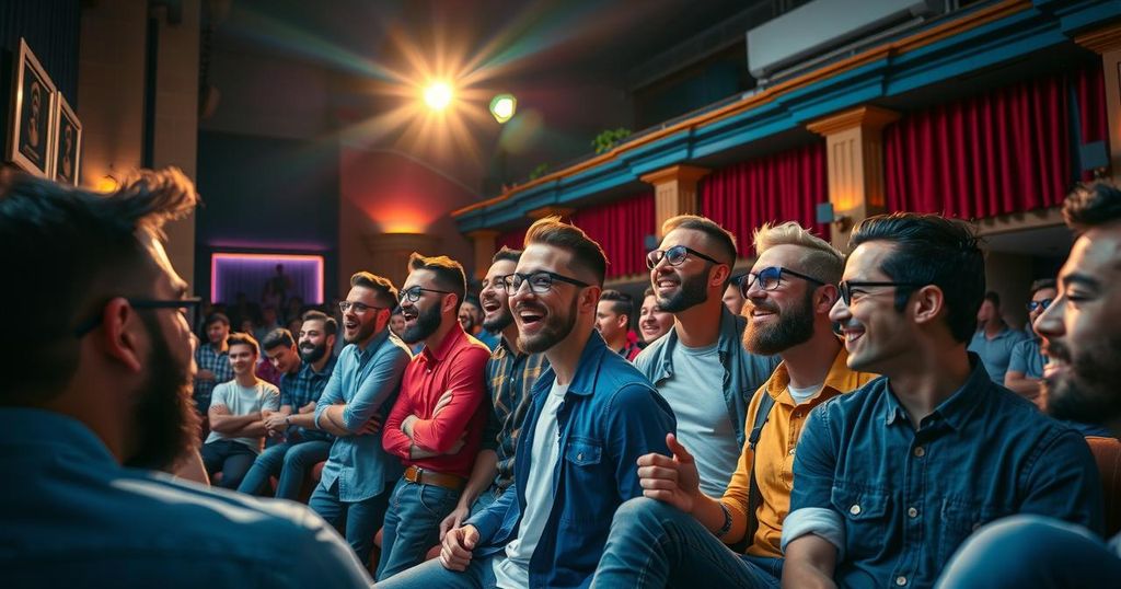 Gruppo di giovani uomini in un teatro con abbigliamento casual, ascoltano uno spettacolo comico.