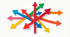 Molteplici frecce colorate che si incrociano su uno sfondo neutro, simboleggiando la polarizzazione politica negli affari.
