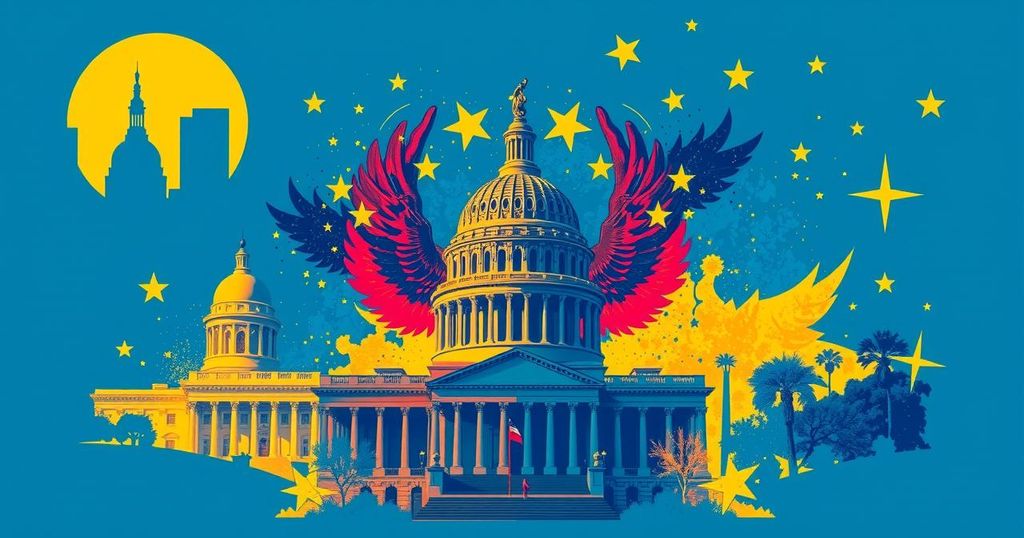 Gavin Newsom formula idea per una candidatura presidenziale con simboli politici e sfondi di Los Angeles in colori vividi.