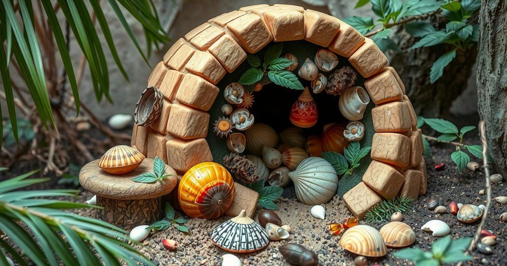 Un santuario igloo decorato con erbe e conchiglie, simbolo di guarigione tradizionale in un contesto africano.