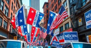 Un simbolo di una campagna elettorale con bandiere e manifesti di candidati a New York, colori vivaci e atmosfera dinamica.