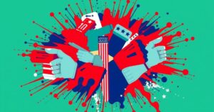 Un'illustrazione della politica americana con simboli di diverse partiti e colori contrastanti.