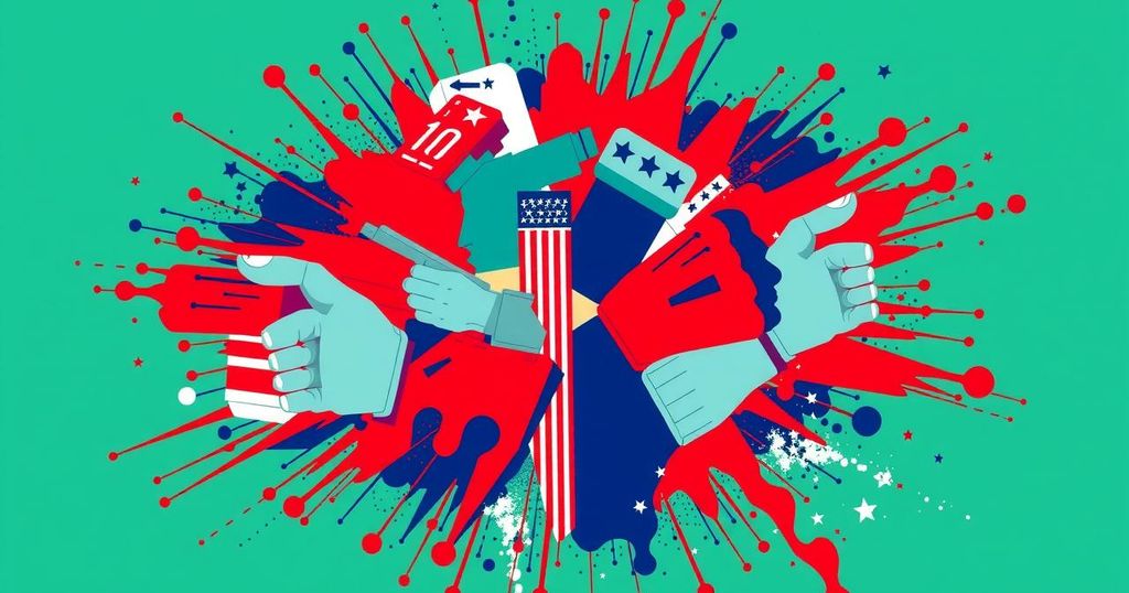Un'illustrazione della politica americana con simboli di diverse partiti e colori contrastanti.