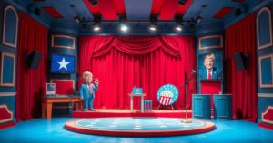 Un palcoscenico di teatro con sfondo ironico, colori vivaci come il rosso e il blu, riflettendo satira politica.