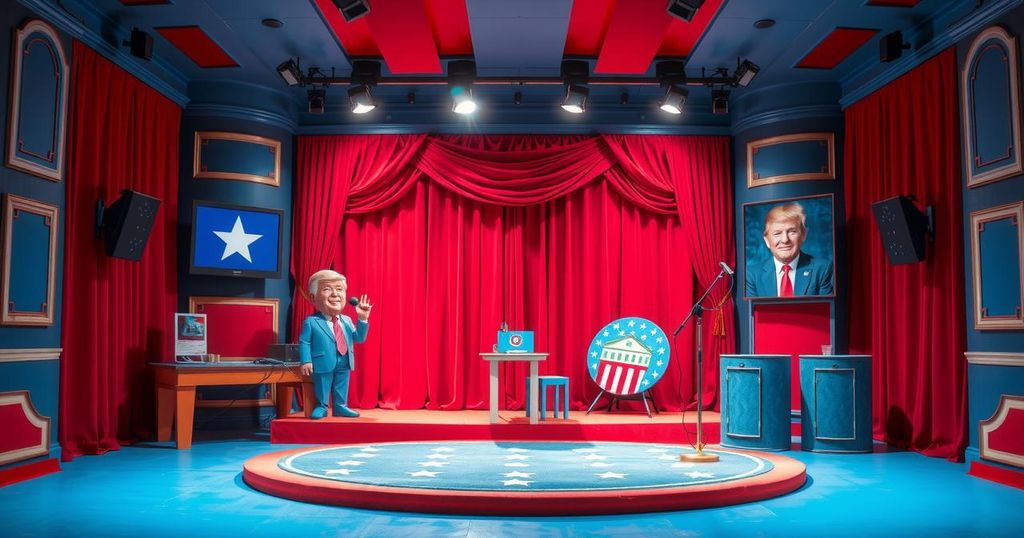 Un palcoscenico di teatro con sfondo ironico, colori vivaci come il rosso e il blu, riflettendo satira politica.