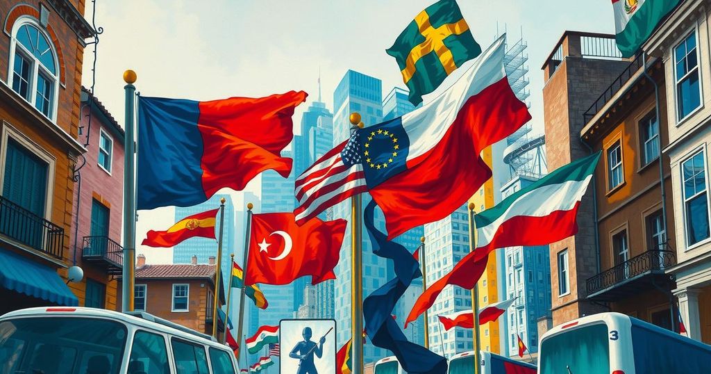 Scenari geopolitici europei con paesaggio urbano e bandiere nazionali, colori vividi e stile impressionista.