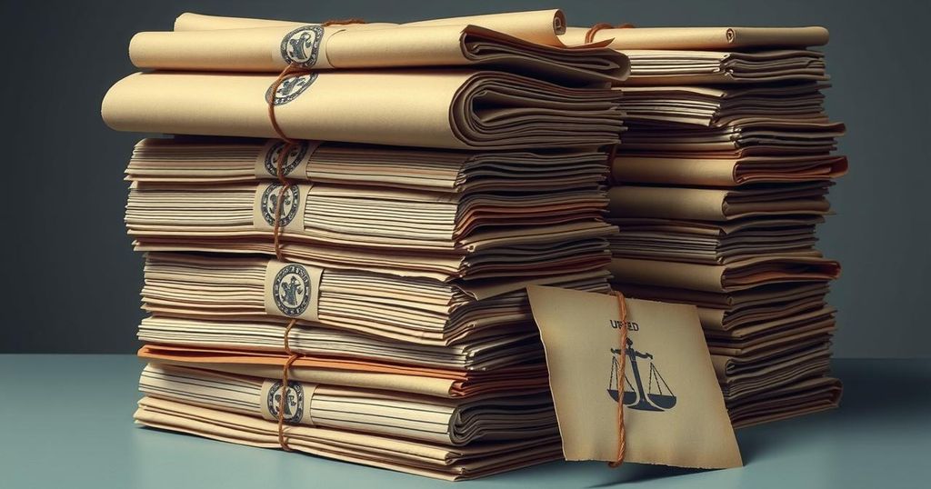 Un gruppo di documenti legali con sigilli e timbri, rappresentante la mancanza di trasparenza nel caso Epstein.